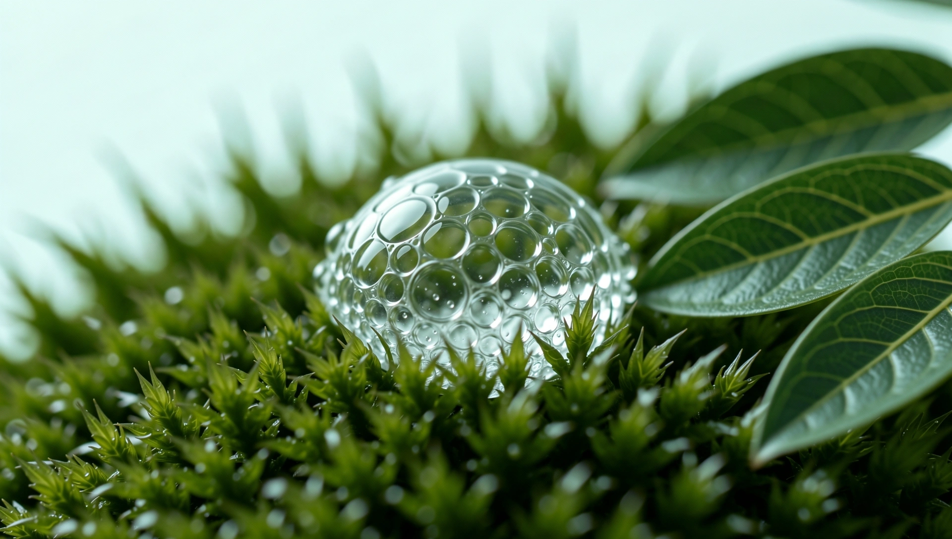 Macroscopic crystalline dew on moss